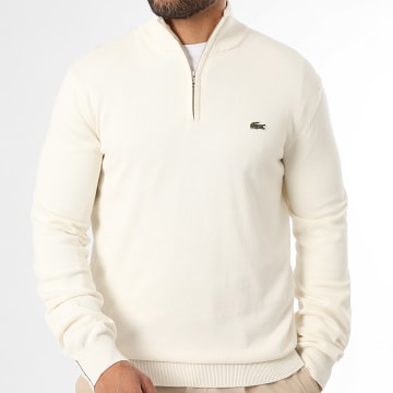 Lacoste - Pull Col Zippé Logo Brodé Crocodile Regular Fit Beige Clair