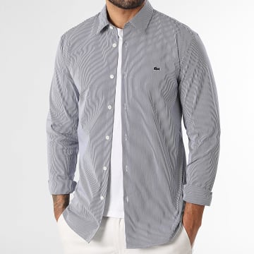 Lacoste - Camisa de Manga Larga a Rayas Logo Bordado Cocodrilo Blanco Azul Marino