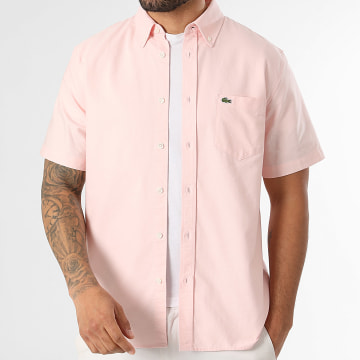 Lacoste - Camisa de Manga Corta Logo Bordado Cocodrilo Rosa Claro