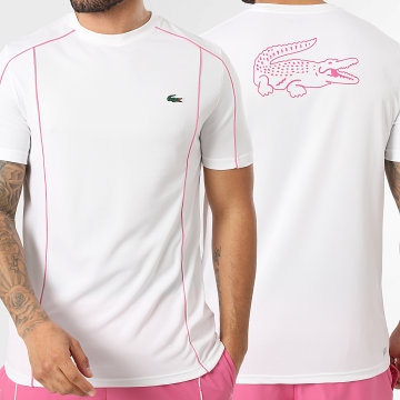 Lacoste - Tee Shirt Logo Crocodile Blanc Rose