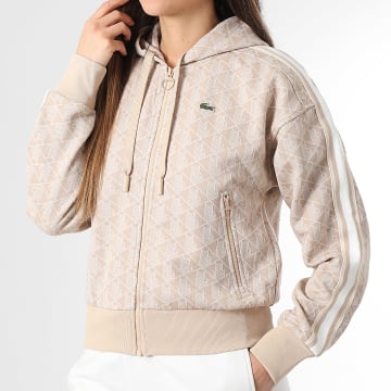 Lacoste - Sweat Capuche Zippée Femme Logo Brodé Crocodile The Blend Beige