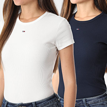 Tommy Jeans - Lot De 2 Tee Shirts Slim Femme Essential Rib 1430 Beige Clair Bleu Marine