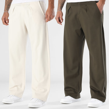 LBO - Pack de 2 Pantalones Vestir Anchos con Pliegues 2324 2380 Beige Claro Verde Kaki