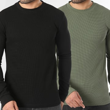 LBO - Pack of 2 Sweaters Crew Neck Waffle 3922 3927 Black Khaki Green