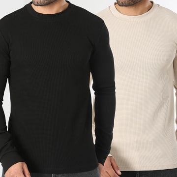 LBO - Pack of 2 Sweaters Crew Neck Waffle 3922 3925 Black Light Beige