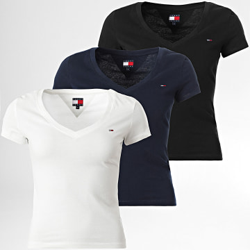 Tommy Jeans - Lot De 3 Tee Shirts Col V Femme 3005 Noir Blanc Bleu Marine