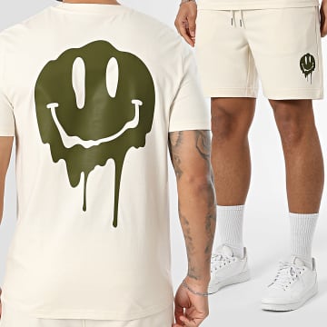 Luxury Lovers - Co-ord Set T-Shirt En Casual Short Dripping Smiles Beige Kaki Groen