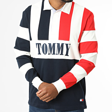 Tommy Jeans - Polo Manches Longues Relaxed Archive Rugby 3054 Bleu Marine Blanc Rouge