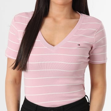 Tommy Hilfiger - Tee Shirt A Rayures Col V Slim Femme Cody 0584 Rose Beige Clair