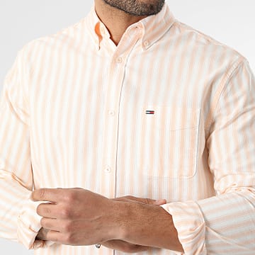 Tommy Jeans - Camicia Maniche Lunghe a Righe Regular Fit Stripe Oxford 2790 Bianco Arancione Chiaro