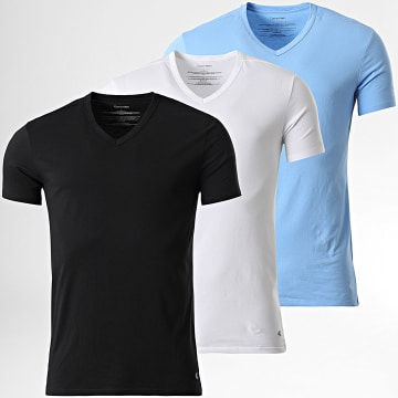 Calvin Klein - Lot De 3 Tee Shirts Col V 4186 Noir Blanc Bleu Clair