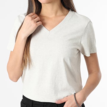 Calvin Klein - Tee Shirt Col V Femme LV047B205G Beige Clair Chiné