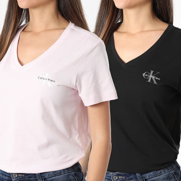 Calvin Klein - Lot De 2 Tee Shirts Col V Femme LV047C906G Noir Rose