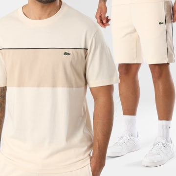 Lacoste - Ensemble Tee Shirt Et Short Jogging A Bandes Logo Brodé Crocodile Beige