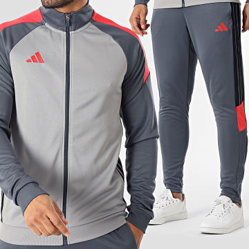 Adidas Sportswear - Ensemble De Survetement A Bandes Tiro Essential KC7140 Gris Clair Gris Anthracite Rouge
