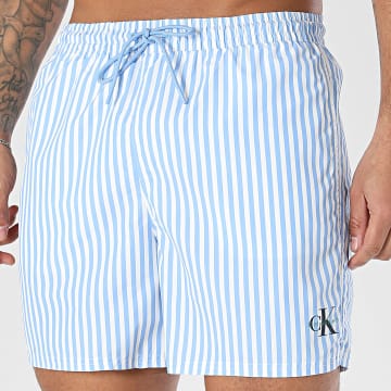 Calvin Klein - Short De Bain A Rayures Drawstring Waistband 1045 Bleu Clair Blanc