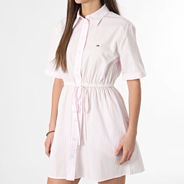 Tommy Jeans - Robe Chemise Manches Courtes A Rayures Femme Mini Strip 0617 Rose Blanc