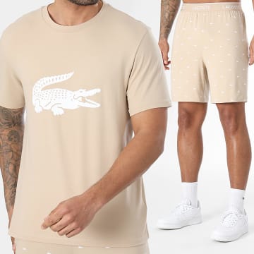 Lacoste - Ensemble Tee Shirt Et Short Jogging Logo Crocodile Imprimé Beige