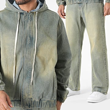 Uniplay - Conjunto Chaqueta Vaquero Capucha Cremallera Y Vaquero Baggy Fit 677 Beige Azul Denim