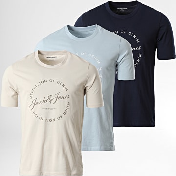 Jack And Jones - Lot De 3 Tee Shirts Rayson Beige Bleu Clair Bleu Marine