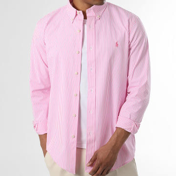 Polo Ralph Lauren - Camisa Manga Longa Listrada Custom Fit Original Player Rosa Branco