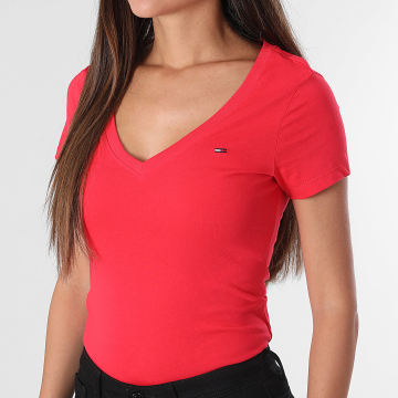 Tommy Jeans - T-Shirt Collo a V Donna Slim 0458 Rosso