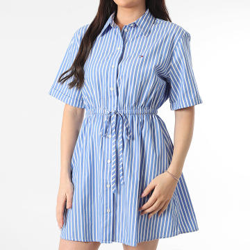Tommy Jeans - Vestido Camisa Manga Corta A Rayas Mujer Mini Strip 0617 Azul Real Blanco