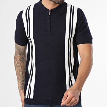 Frilivin - Polo Manches Courtes Col Zippé En Maille 632 Bleu Marine Blanc