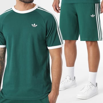Adidas Originals - Ensemble Tee Shirt Et Short Jogging A Bandes 3 Stripes KE3534 KE3563 Vert Blanc