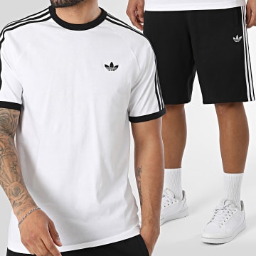 Adidas Originals - Ensemble Tee Shirt Et Short Jogging A Bandes 3 Stripes KE3537 KE3566 Blanc Noir