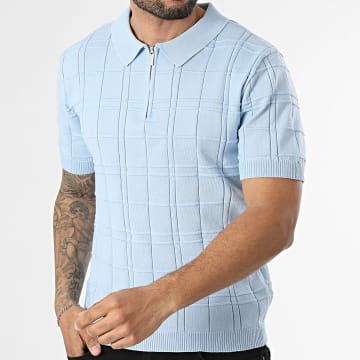 Frilivin - Polo Manches Courtes Col Zippé En Mailles A Carreaux 072 Bleu Clair