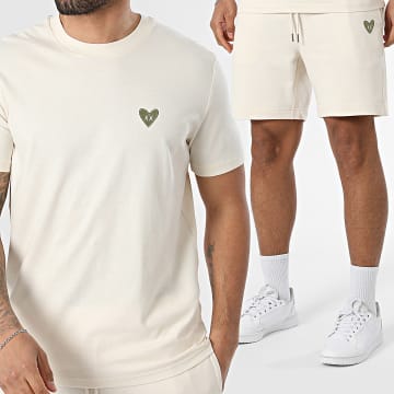 Luxury Lovers - Conjunto Camiseta Y Pantalón Corto de chándal Khaki Heart Embroidery Beige