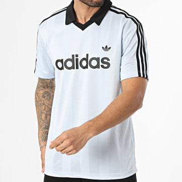 Adidas Originals - Tee Shirt Col V A Bandes Jersey KE2453 Bleu Clair Gris Noir