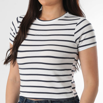 Calvin Klein - Tee Shirt A Rayures Femme QS7649 Blanc Bleu Marine