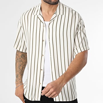 Jack And Jones - Chemise Manches Courtes A Rayures Jeff Resort Stripe Beige Clair Vert Kaki
