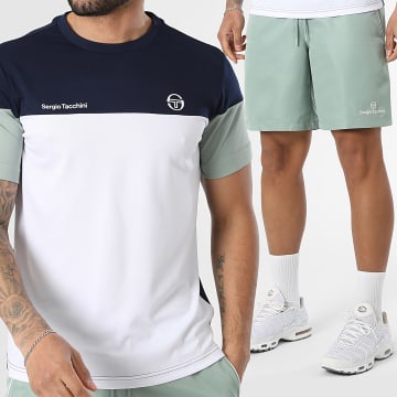 Sergio Tacchini - Conjunto Camiseta Y Pantalón Corto De Chándal Prave Rob 40845 40848 Verde Azul Marino Blanco