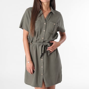 Only - Vestito Camicia Maniche Corte Donna Goa Lino Verde Kaki