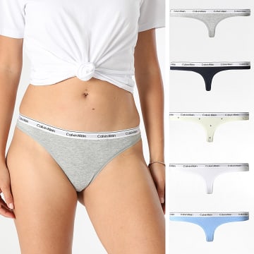 Calvin Klein - Pack de 5 Tangas Femininas QD5221 Cinzento Mescla Bege Azul Marinho Azul Claro Branco