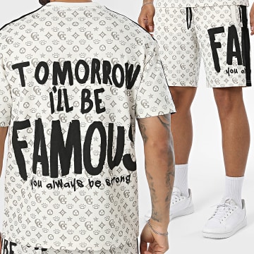 Classic Series - Co-ord Set T-Shirt En Joggingbroek Short Met Strepen 64T Lichtbeige Zwart