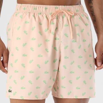 Lacoste - Pantalón Corto de baño Logo Bordado Cocodrilo Naranja Verde