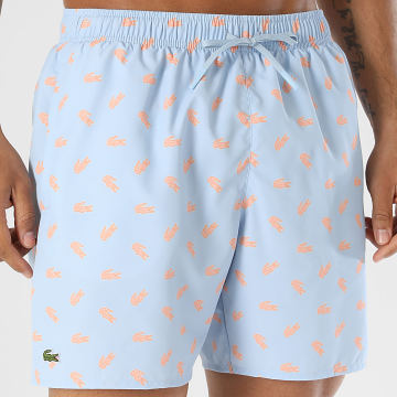Lacoste - Pantalón Corto de baño Logo Bordado Cocodrilo Azul Claro Naranja