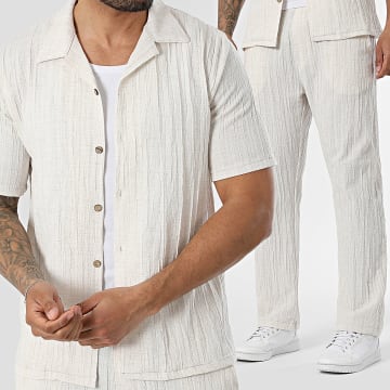KZR - Co-ord Set Overhemd Korte Mouwen En Broek Gestructureerd 290 Licht Beige Gemêleerd