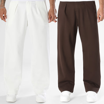 LBO - Lot De 2 Pantalons Habillés Larges A Plis 2550 2545 Blanc Marron Chocolat
