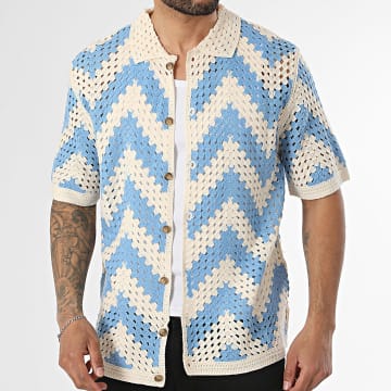 Frilivin - Camicia Maniche Corte Traforata 002 Beige Chiaro Blu Chiaro