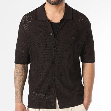 Lacoste - Chemise Manches Courtes Maille Logo Brodé Crocodile Ton Sur Ton Relaxed Fit Marron