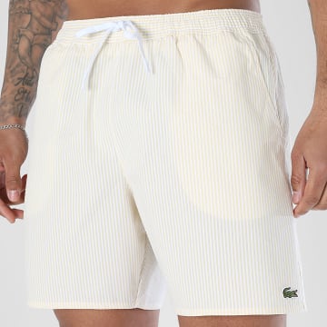 Lacoste - Pantaloncino da bagno a righe Logo Ricamato Coccodrillo Giallo Bianco