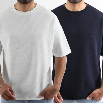 LBO - Lot De 2 Tee Shirt Texturé Waffle Large 2741 Blanc Bleu Marine