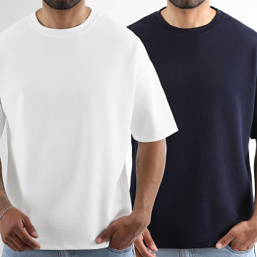 LBO - Pack van 2 T-Shirts Textuur Waffle Large 2741 Wit Marine Blauw