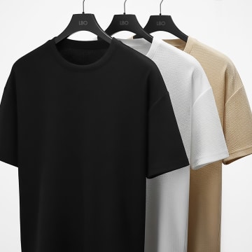LBO - Lot De 3 Tee Shirts Texturés Waffle Large 1095 0210 Blanc Beige Noir