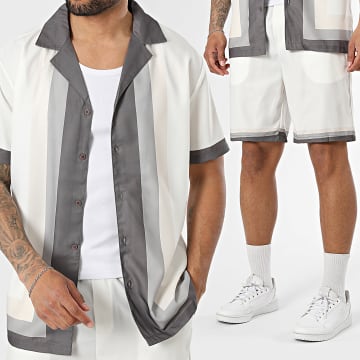 Frilivin - Completo Camicia Maniche Corte E Pantaloncino Jogging Q57 Bianco Beige Marrone